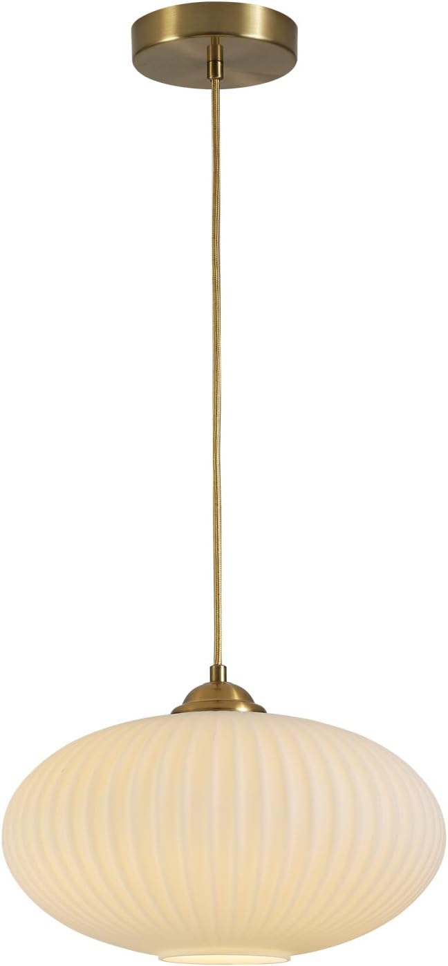 KCO Lighting Modern Gold Brass 9.8" White Milk Ribbed Glass Pendant Light | E26 Hardwired Adjustable Cord Ceiling Light for Sloped Ceiling Mid Century Hanging Lamp for Kitchen Island Dining Room by KCOLighting