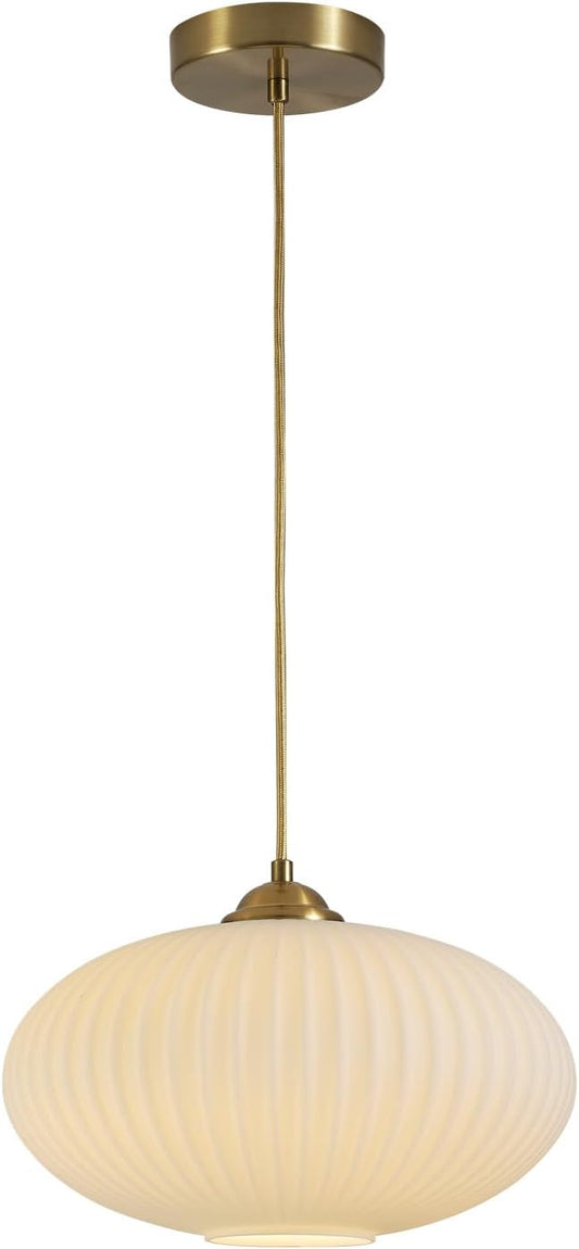 KCO Lighting Modern Gold Brass 9.8" White Milk Ribbed Glass Pendant Light | E26 Hardwired Adjustable Cord Ceiling Light for Sloped Ceiling Mid Century Hanging Lamp for Kitchen Island Dining Room by KCOLighting