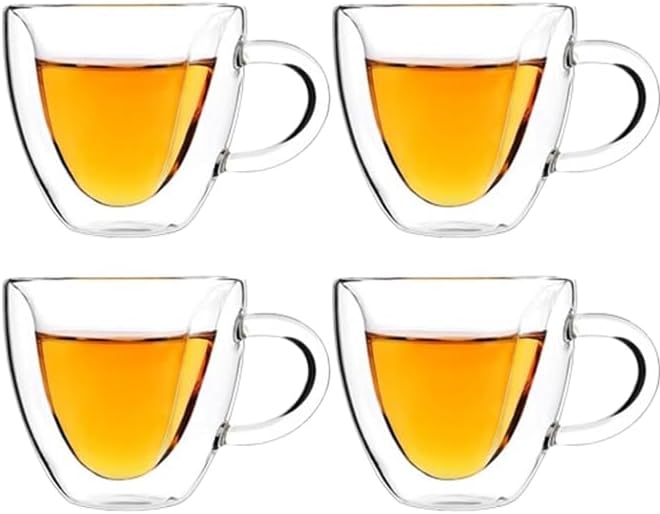 Heart-Shaped Double Wall Coffee Mugs, Set of 4 Insulated Glass Cups, 8.5 oz - Ideal for Coffee and Tea (5oz,4pcs)