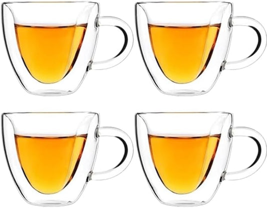 Heart-Shaped Double Wall Coffee Mugs, Set of 4 Insulated Glass Cups, 8.5 oz - Ideal for Coffee and Tea (5oz,4pcs)