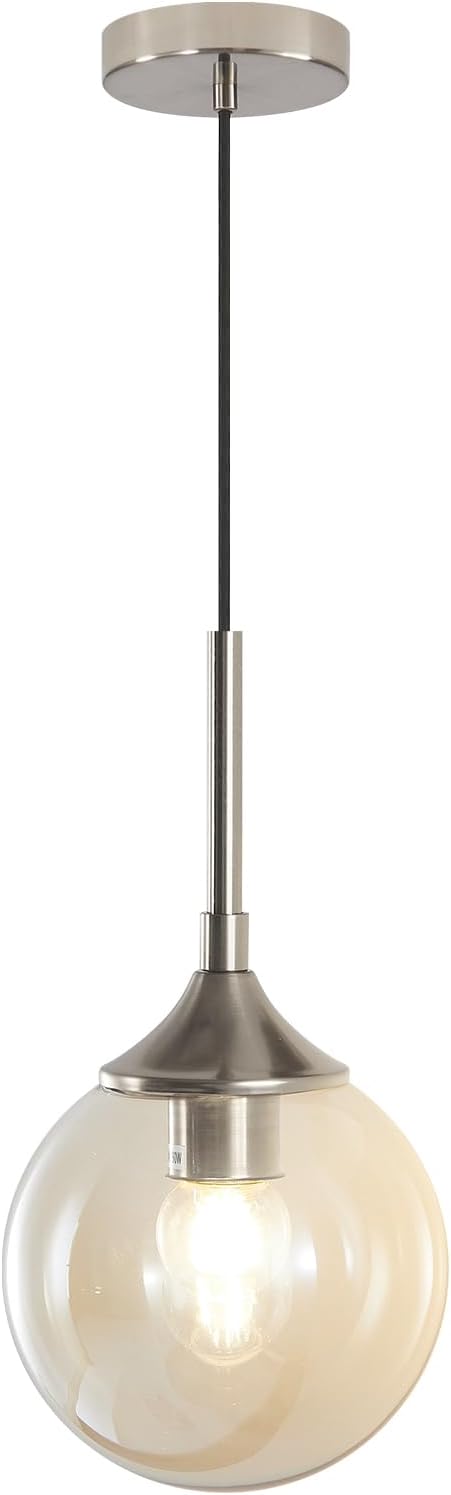 KCO Lighting 7.1" Amber Glass Pendant Light Brushed Nickel Pendant Lighting Modern Globe Pendant Light Mid Century Hanging Light Small Pendant Lights for Kitchen by KCOLighting