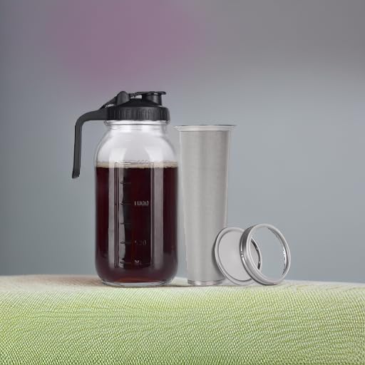 Cold Brew Mason Jar iced Coffee Maker, Durable Glass, - 64 oz (2 Quart / 1.9 Liter), With Handle& Stainless Steel Filter for Iced Brew Coffee, Lemonade, Ice Tea, Homemade Fruit Drinks Container