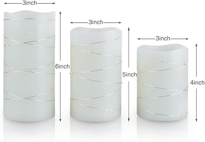 H-BLOSSOM Flickering Flameless Candles Ivory Real Wax Pillar with Embedded String Lights LED Candles Battery Operated with Cycling 5H Timer Set of 3 (3" x 4"/5"/6") (Ivory) - Image 8