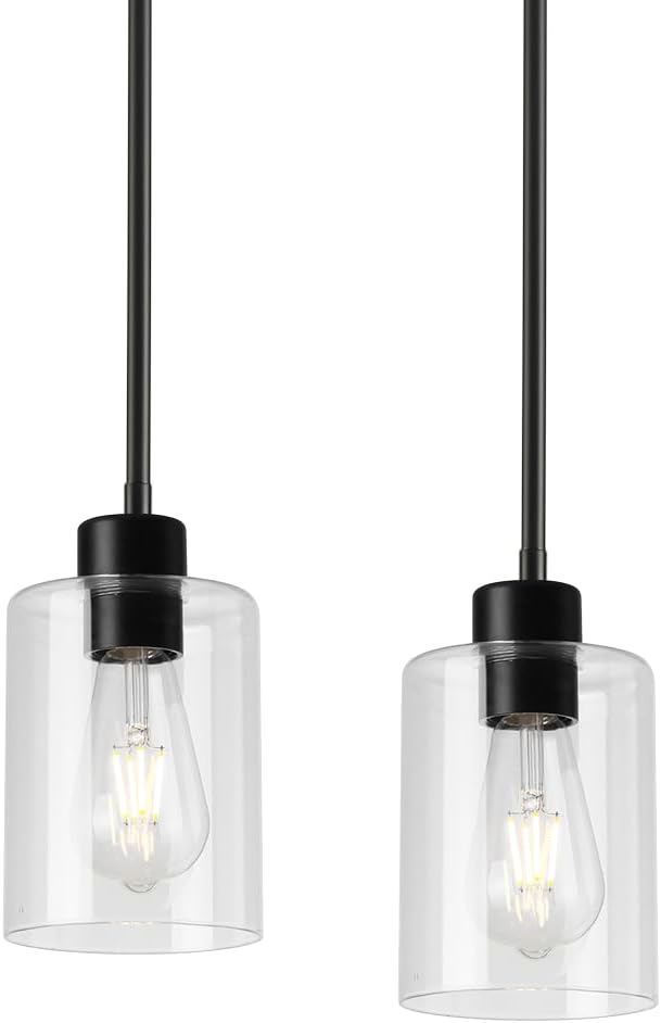 Black Pendant Lights Kitchen Island,Modern Farmhouse Glass Pendant Light,Light Fixture Kitchen Pendant Mini Hanging Light Fixture for Sink (Black 2 Pack Stem Rod) by KLSSLighting