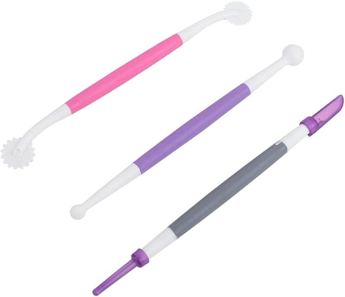 Pssopp Cake Decorating Kit, Food Grade Plastic, 3 Piece Fondant Tools for Beginners and Professionals, Ideal for Muffins, Cupcakes, Cakes
