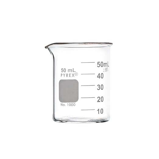PYREX Griffin Borosilicate Glass Beaker- Low Form Graduated Measuring Beaker with Spout– Premium Scientific Glassware for Laboratories, Classrooms or Home Use - PYREX Chemistry Glassware, 50 mL, 12/Pk by Pyrex