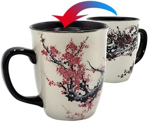 Color Changing Heat Sensitive Magic Funny Art Mug Large Coffee Tea Plum Blossom Porcelain Mugs for Women Mom grandma Gifts 16oz Black Change Glow Red Cups - Image 2
