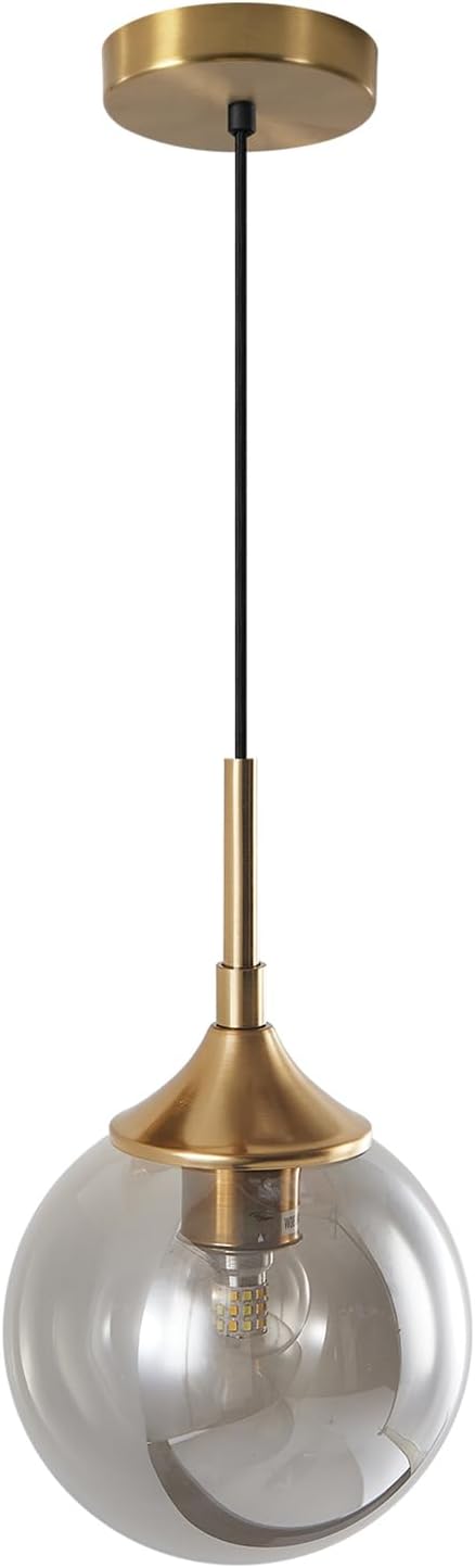 KCO Lighting Modern Small Gold 7.1” Smoke Gray Glass Globe Pendant Light | E26 Adjustable Hanging Lamp for Sloped Ceilings, Mid Century Brass Ceiling Light Fixture for Kitchen Island Sink Dining Table by KCOLighting