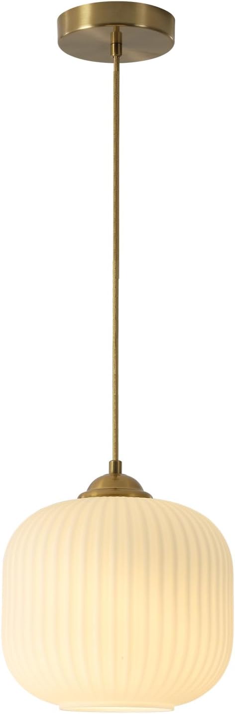 KCO Lighting Modern Brass Gold 7.9” Ribbed White Milk Glass Pendant Light | Adjustable Cord, E26 Small Mid Century Modern Hanging Light for Sloped Ceiling Kitchen Island Dining Room Bedroom Entryway by KCOLighting
