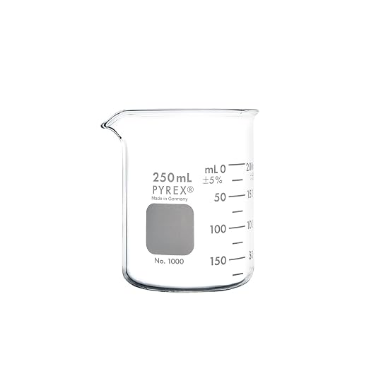 PYREX Griffin Borosilicate Glass Beaker- Low Form Graduated Measuring Beaker with Spout– Premium Scientific Glassware for Laboratories, Classrooms or Home Use - PYREX Chemistry Glassware, 250mL, 12/Pk by Pyrex