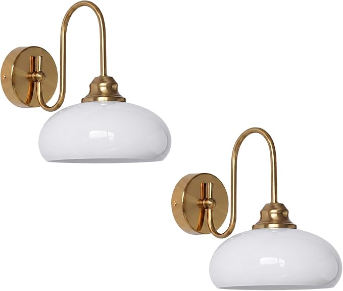 Modern Brushed Brass Wall Sconce Set of 2, 7.9" Smooth Glass Bowl Wall Lamps Hardwired 2 Pack for Bedside, Mid Century Elegant Milk White Glass Vanity Light Above Sink by BOKT
