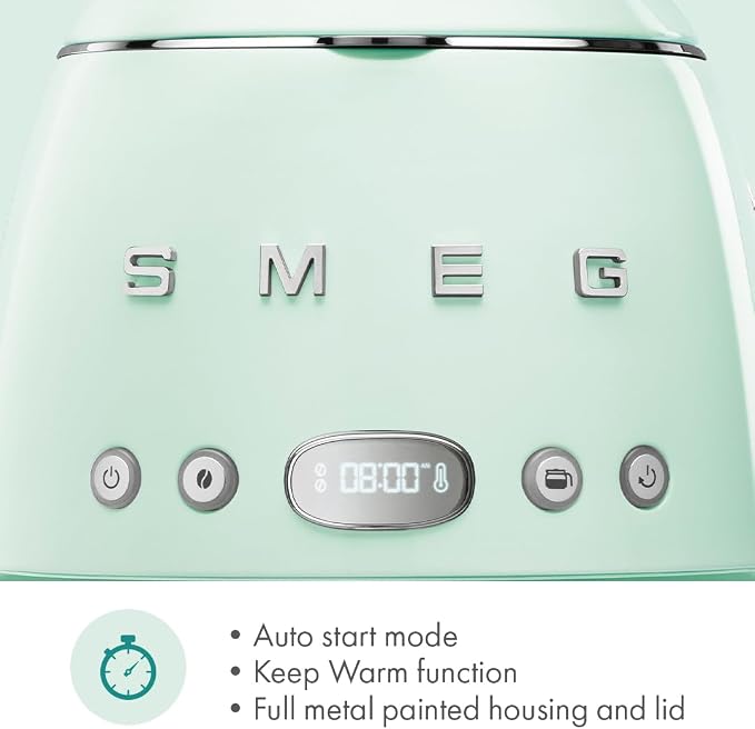 Smeg 50's Retro Style Aesthetic Drip Coffee Machine with 10 Cup Glass Carafe, Auto Start Feature, Keep Warm Plate, and Two Coffee Strength Settings (Pastel Green) - Image 8