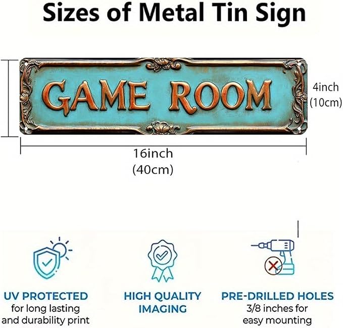 Kexle Vintage Metal Wall Decor Sign 'GAME ROOM' - 4 x 16 inches, Tin, Retro Style, Bar & Home Decor - Image 4