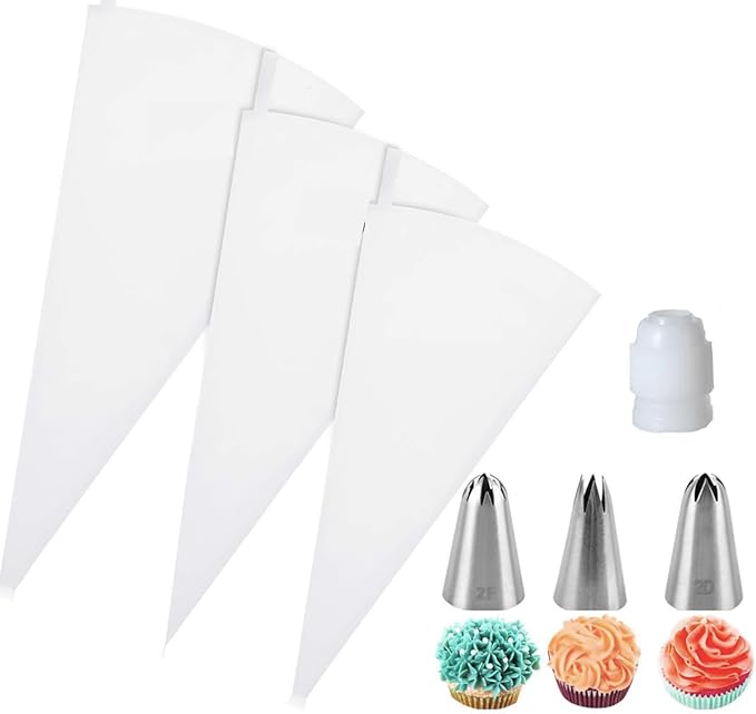 Reusable Piping Bags and Tips Set, 3 Size Cotton Cake Piping Bags, 3pcs Pinping Tips, and 1pcs Piping Bag Coupler for Icing Nozzles, Easy to Clean and Eco-Friendly Baking Kit for Cake Decorating