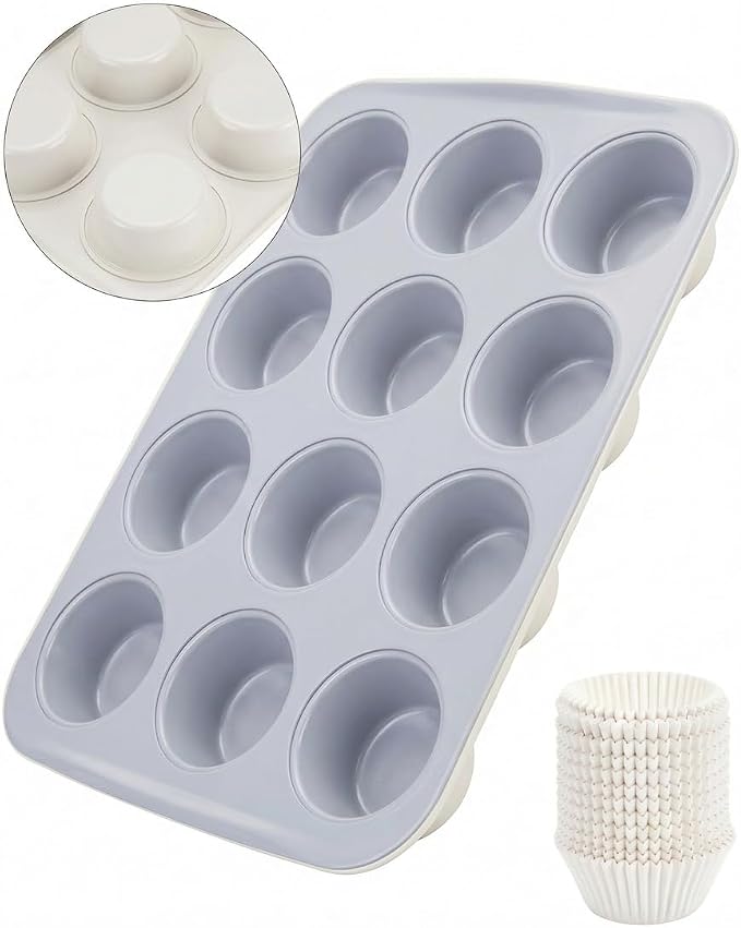 CARTMAN Ceramic Muffin Pan 12 Cup with 200 Cupcake Liners, Non-Stick & Non-Toxic Baking Tin for Healthy Muffins and Cupcakes, Perfect for Home Kitchens and Parties by CARTMAN