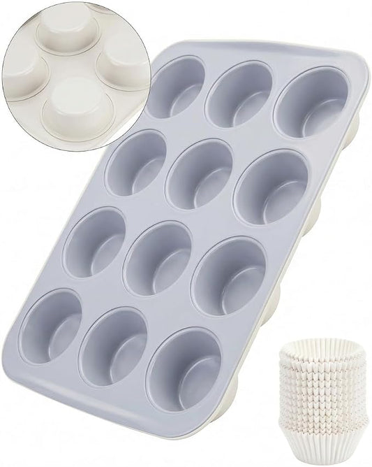 CARTMAN Ceramic Muffin Pan 12 Cup with 200 Cupcake Liners, Non-Stick & Non-Toxic Baking Tin for Healthy Muffins and Cupcakes, Perfect for Home Kitchens and Parties by CARTMAN