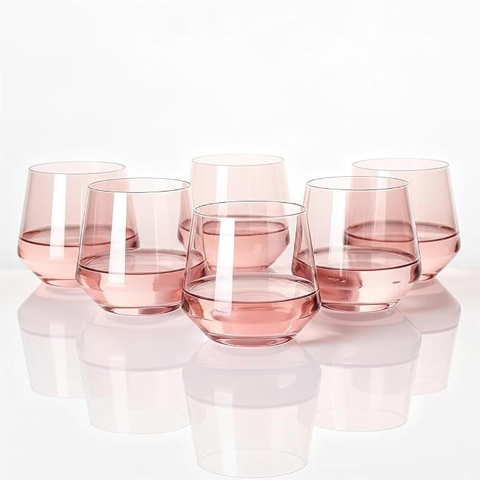 Stemless Wine Glasses Set 6 - Peach Color Stemless Wine Glasses - 14oz Tumbler - Peach Glassware for Wine or Soft Drinks - Unique Valentine's Day Gifts by Colorsavant