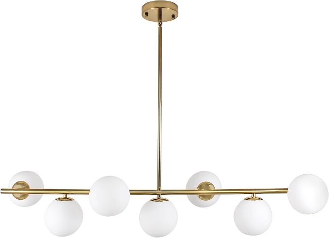 Modern Linear Gold Chandelier for Dining Room, 7-Light Adjustable Dimmable Ceiling Light with Glass Globes, Kitchen Island Pendant Lighting Mid Century Light Fixture for Living Room Bedroom Foyer by PUZHIHOME