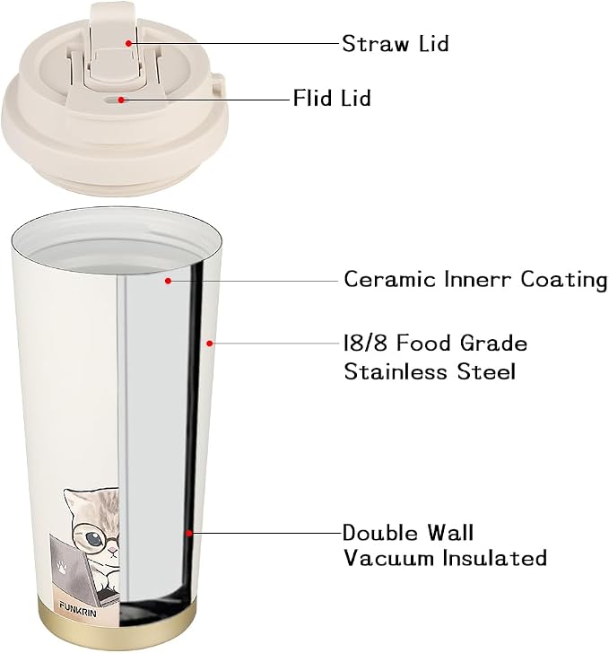 Funkrin Coffee Travel Mug with Flip Lid, 16oz Insulated Tumbler Cup with Ceramic Coating, Double Wall Vacuum Leak-Proof Tumbler for Office School Party Camping - Image 6