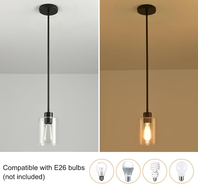 Black Pendant Lights Kitchen Island,Modern Farmhouse Glass Pendant Light,Light Fixture Kitchen Pendant Mini Hanging Light Fixture for Sink (Black 2 Pack Stem Rod) - Image 6
