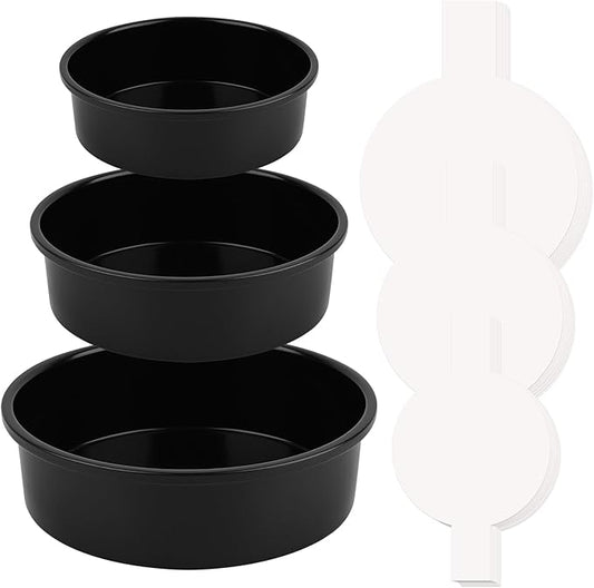 HUAKENER 3 Pack Round Cake Pans, Carbon Steel Pan with Parchment Paper | 6" 8" 10 Inch Circle Cake Pan with 150 Pieces Parchment Paper, Non-stick Cake Baking Pans, Dishwasher Safe by HUAKENER