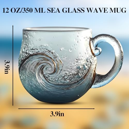 Sea Glass Wave Mug, 12 oz Handblown Ocean Wave Glass Mug Cup | Textured Sea Wave Design Unique Glassware for TeaCoffeeCocktails Beach Lovers Gift Giving 1PCS - Image 2