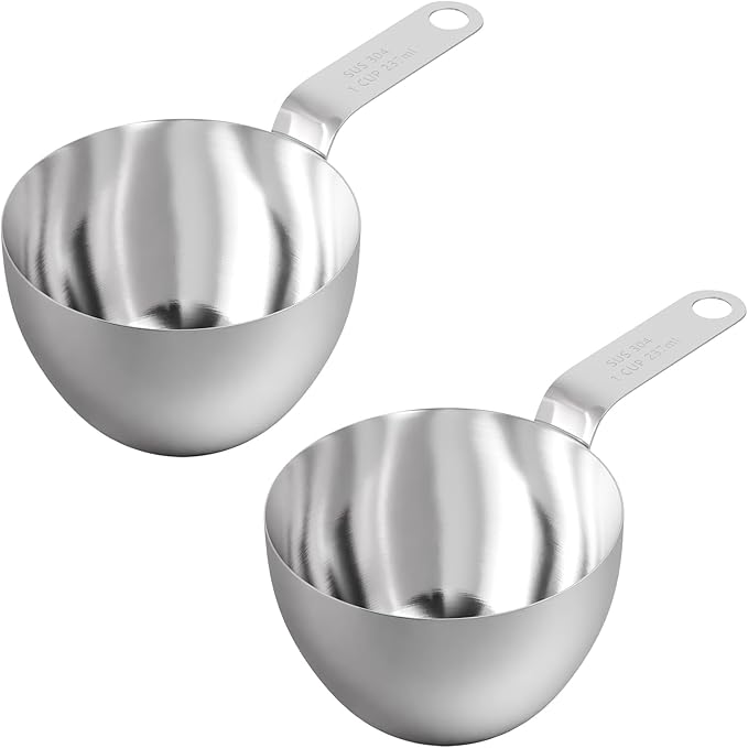 2PCS 1Cup (237ml, 8oz) Single Measuring Cup with Black Silicone Grip, 18/8 Stainless Steel Individual Measure Scoop Only