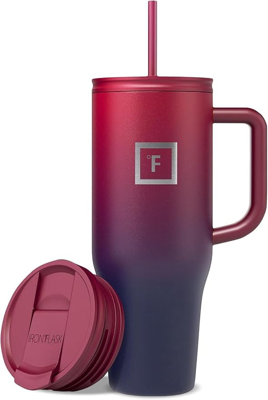 IRON °FLASK 40 oz Co-Pilot Insulated Travel Mug | Insulated Travel Mug with Straw & Flip Cap Lids - Cup Holder Fit, Leakproof, BPA Free (Dark Rainbow) by IronFlask