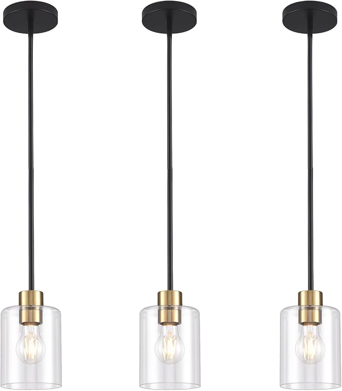 Modern 3 Pack Black Gold Pendant Lights for Kitchen Island, Brushed Brass Modern Hanging Light with Clear Glass Shade, Adjustable Metal Rod Pendant Lighting for Dining Room, Living Room, Bar, Entryway by KLSSLighting