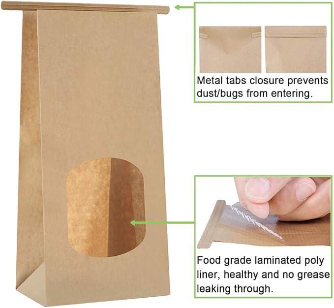 BagDream Bakery Bags with Window 100pcs 4.5x2.36x9.6 Inches Window Tin Tie Tab Lock Kraft Brown Paper Bags for Coffee Bean, Cookies, Treat, Snack | Resealable, Window, Grease Resistant, For Homemade Baked Goods, Snack, Coffee Beans, Party Favor, Gift G... - Image 6