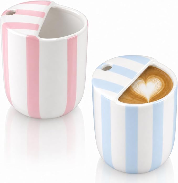 2 Pcs Ceramic Mug with Sip Hole 10 oz Novelty Pink Light Blue Striped Coffee Mug Hand Painted Ceramic Cup Heat Resistant Non Slip Built in One Lid Handcraft Mugs for Coffee Lovers Gift by Ferrochef