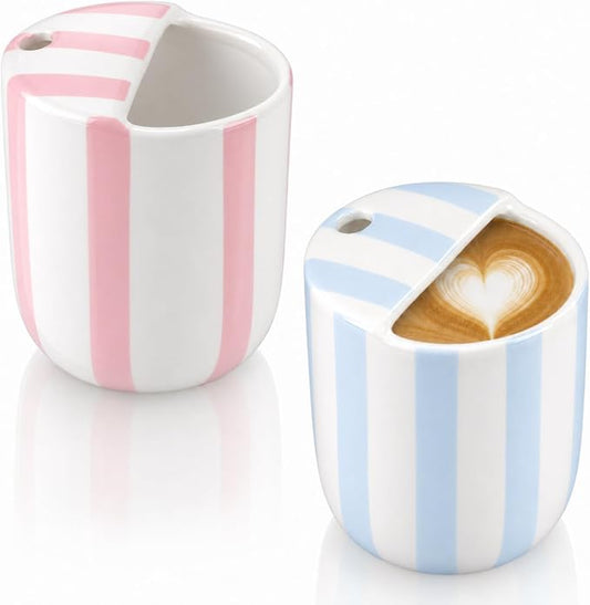 2 Pcs Ceramic Mug with Sip Hole 10 oz Novelty Pink Light Blue Striped Coffee Mug Hand Painted Ceramic Cup Heat Resistant Non Slip Built in One Lid Handcraft Mugs for Coffee Lovers Gift by Ferrochef