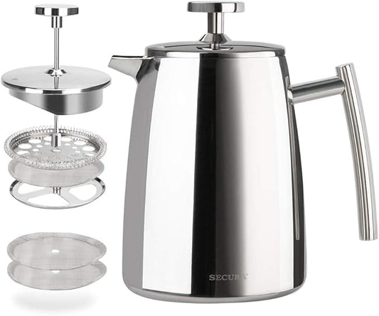 Secura French Press Coffee Maker, 17-Ounce, 304 Stainless Steel Insulated Coffee Press with Extra Screen