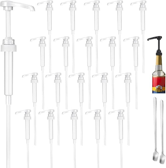 20 Packs White Coffee Syrup Pump Dispenser, Compatible with 25.4 Oz/750ml Bottles, Great for Home & Coffee Bar Drinking Mixes, Tea, Beverage, Cocktails, Plus Spoons