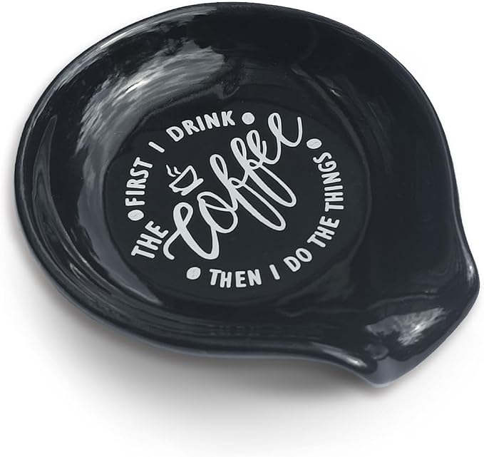 Littlefa Black Coffee Spoon Rest Holder-Coffee Bar Accessories | Funny Ceramic Coffee Spoon Rest for Coffee Bar Accessories Essentials, Coffee Lovers Gifts, But First I Drink Sign - Image 3