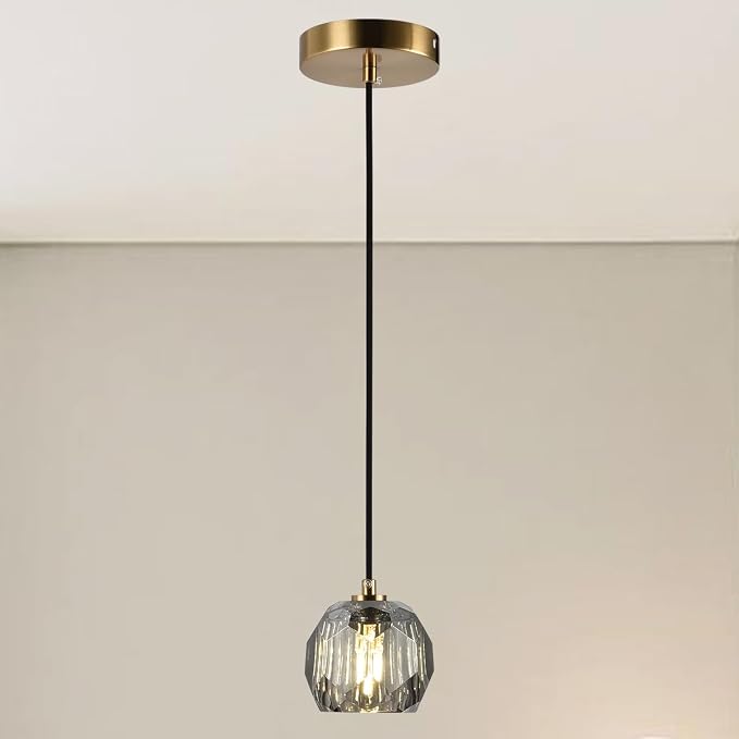 Crystal Pendant Light, Smoke Crystal Pendant Light Fixture Kitchen Island, Small Prism Pendant Hanging Lighting Fixture for Dining Room Bedroom by Cameena