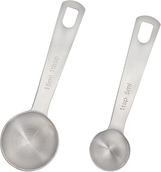 2 Pcs Measuring Spoons 5ml (1 Tsp) & 15ml (3 Tsp), 1 Teaspoon Stainless Steel Long Handle Scoops for Coffee, Spices, Dry Goods & Baking, Sliver