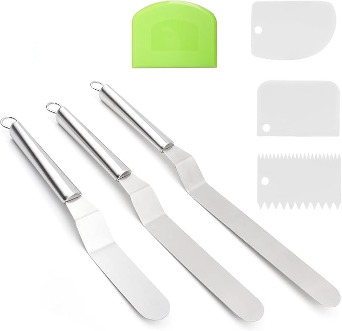 Offset Spatula Set with Dough Scraper and Cake Scraper Set, Stainless Steel Cake Icing Spatula for Baking, Professional Cake Decorating Spatula Icing Spreader with 6", 8", 10" Blade