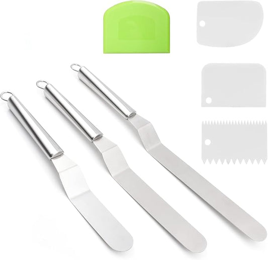 Offset Spatula Set with Dough Scraper and Cake Scraper Set, Stainless Steel Cake Icing Spatula for Baking, Professional Cake Decorating Spatula Icing Spreader with 6", 8", 10" Blade