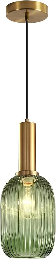 KCO 5.1” Mini Vintage Ribbed Glass Pendant Light Brass Gold Hanging Light | E26 Bulb Hardwired, Adjustable Cord Mid Century Modern Ceiling Lamp for Sloped Ceiling Kitchen Island Dining Room Bar Bedroom by KCOLighting