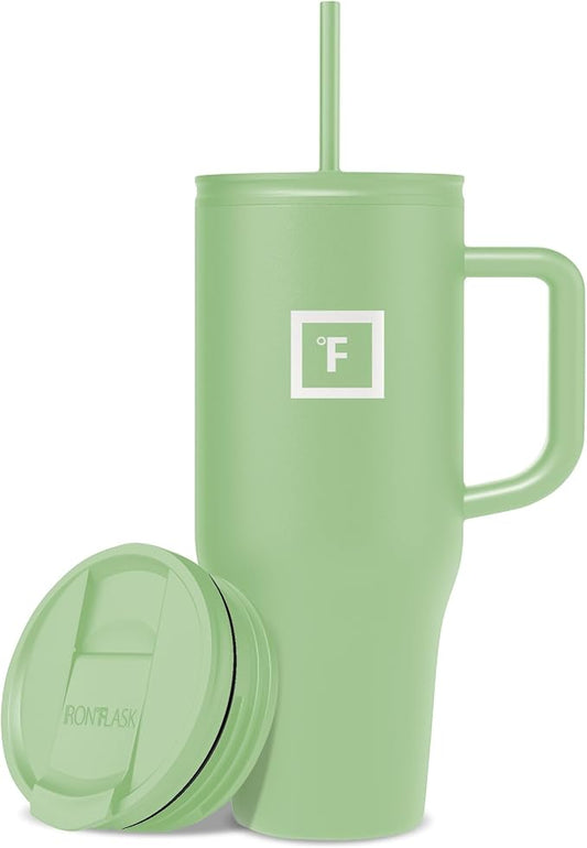 IRON °FLASK Co-Pilot Insulated Mug w/Straw & Flip Cap Lids - Cup Holder Bottle for Hot, Cold Drink - Leak-Proof - Water, Coffee Portable Travel Mug - Apple Green, 32 Oz by IronFlask