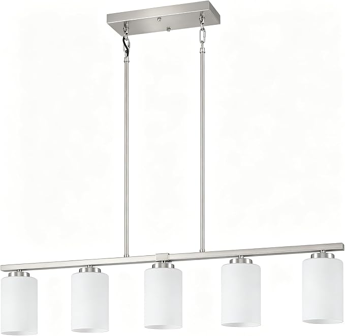 5-Light Kitchen Island Lighting Brushed Nickel Dining Room Light Fixtures | Modern Linear Chandelier Over Table, Adjustable Kitchen Lighting Fixtures Over Island with White Frosted Glass by YUEMZSChandelierforLiving