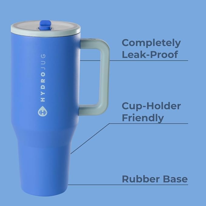 HydroJug Traveler - 40 oz Water Bottle with Handle & Flip Straw - Fits in Cup Holder, Leak Resistant Tumbler-Reusable Insulated Stainless Steel & Rubber Base - Gifts for Women & Men, Riptide