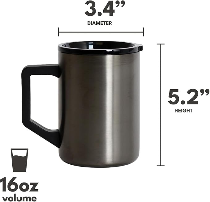 Elemental Insulated Coffee Mug - Triple-Wall Stainless Steel Summit Travel Cup for Hot and Cold Drinks - Thermal Coffee Mug with Lid and Handle for Camping, Office & Travel 16oz - Gunmetal - Image 2