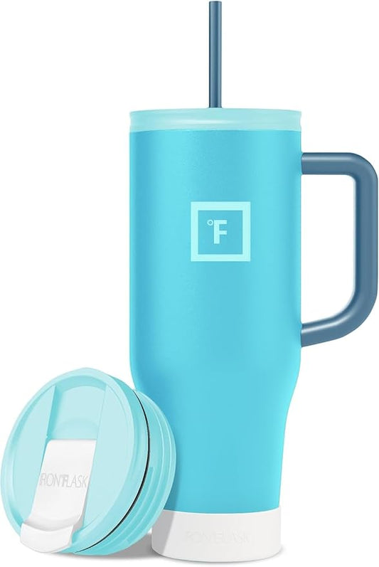 IRON °FLASK 40 oz Co-Pilot Insulated Travel Mug | Insulated Travel Mug with Straw & Flip Cap Lids - Cup Holder Fit, Leakproof, BPA Free, Protective Boot (Azure Mist) by IronFlask