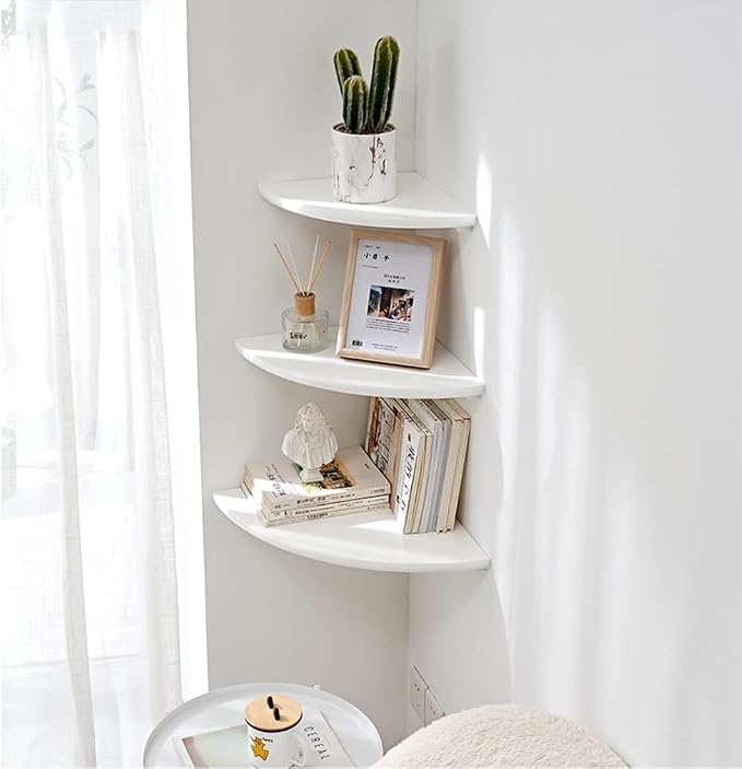 White Corner Shelf, Wall Mount Natural Oak Wood Floating Corner Wall Shelf Round End Small Corner Nightstand Plant Shelf for Bedroom, Kitchen, Living Room 10inch - Image 2