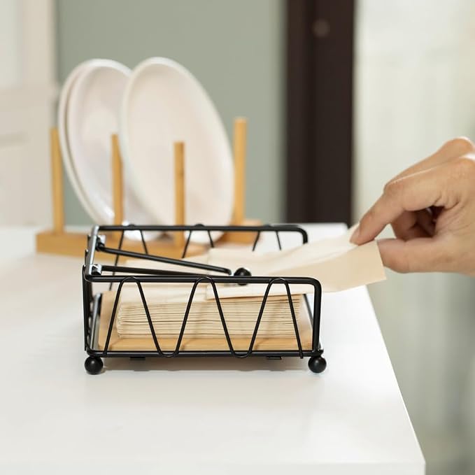 Flat Metal Square Napkin Holder with Weighted Arm and a Wooden Tray Perfect for Adorning Dining Table, Kitchen Countertop and Napkin Holder for Bathroom also Good for Outdoor Table at Restaurant - Image 3
