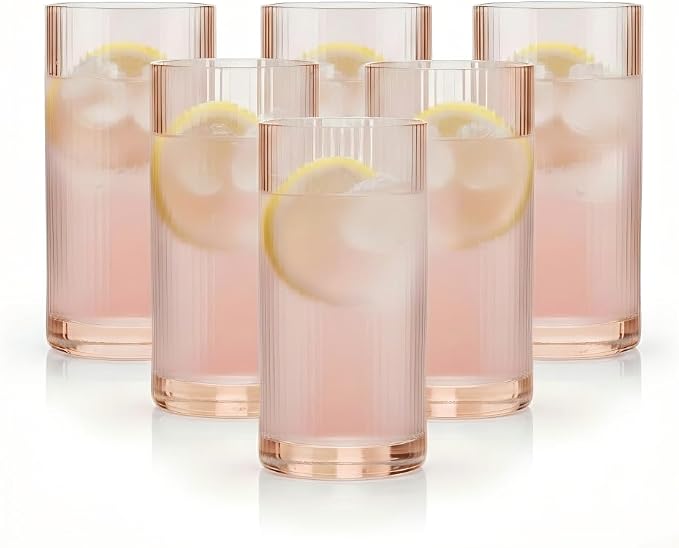 Physkoa Peach Ribbed Drinking Glasses Set of 6 – Vintage Embossed Highball Glassware, Thick Premium Tumbler Cups for Water, Cocktails, Iced Coffee, Modern Kitchen Bar Gift Set - Image 7