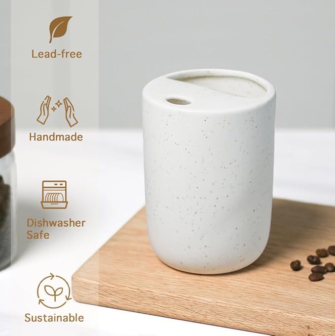 Handmade Ceramic Travel Coffee To Go Tumbler with Half Lid, 17oz Unique Tea Coffee Cup with Sip-top Lid, Speckle White - Image 4