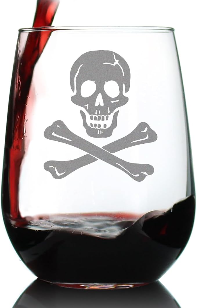 Bevvee Skull and Crossbones Stemless Wine Glass - Skull Decor and Jolly Roger Flag Gifts - Large 17 Oz Glasses by Bevvee